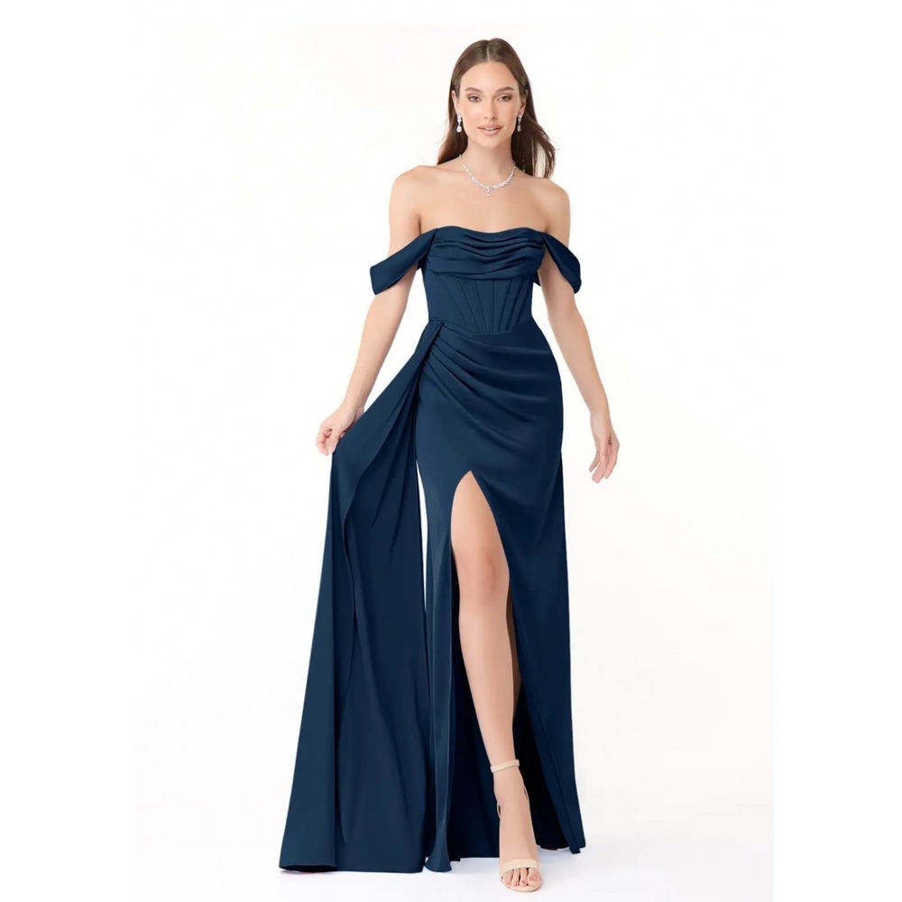 Azazie‎ Amyra Dress Satin Dark Navy Off Shoulder Corset Maxi Bridesmaid A8 New